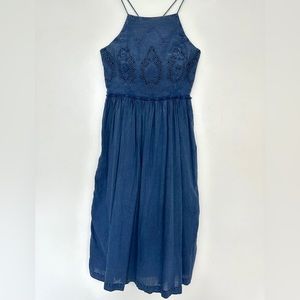 Lucky Brand Schiffli Midi Dress Embroidered Bib Chambray L New without tags